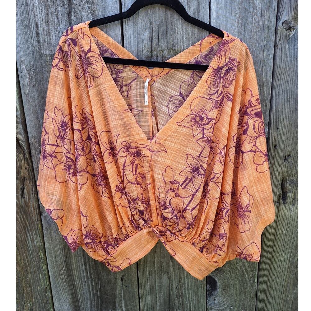 Free people One Dance Semi sheer boho top dolman sleeve floral tropical orange
